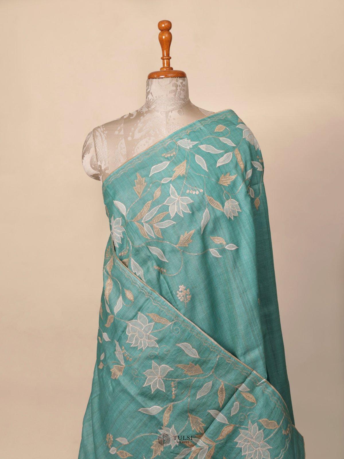 Sky Blue Tussar Silk Saree with Applique Work