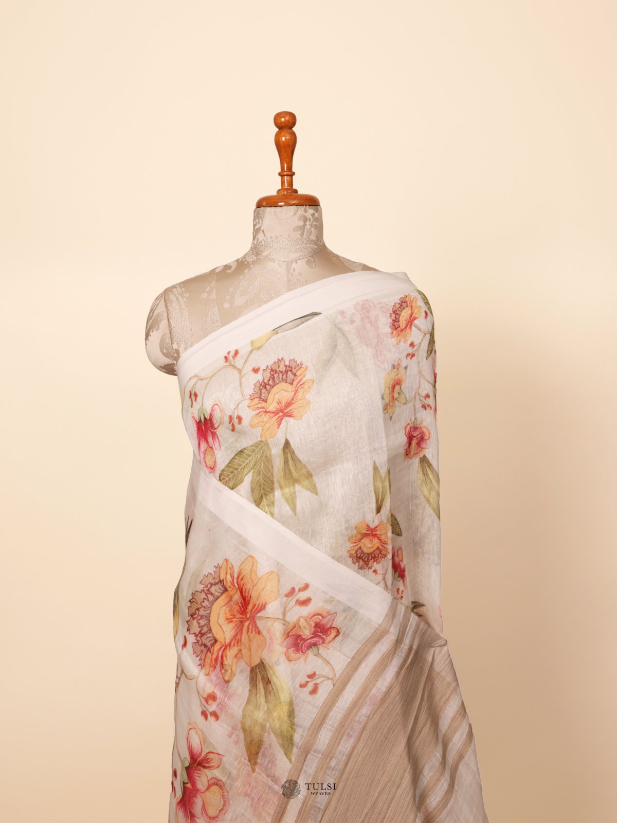 White Printed Linen Saree