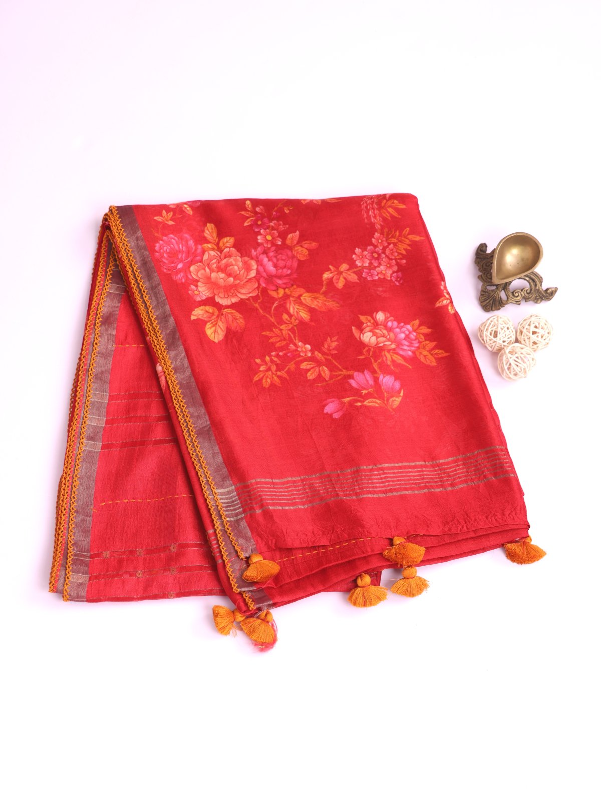  Red Kora Tussar Silk Saree