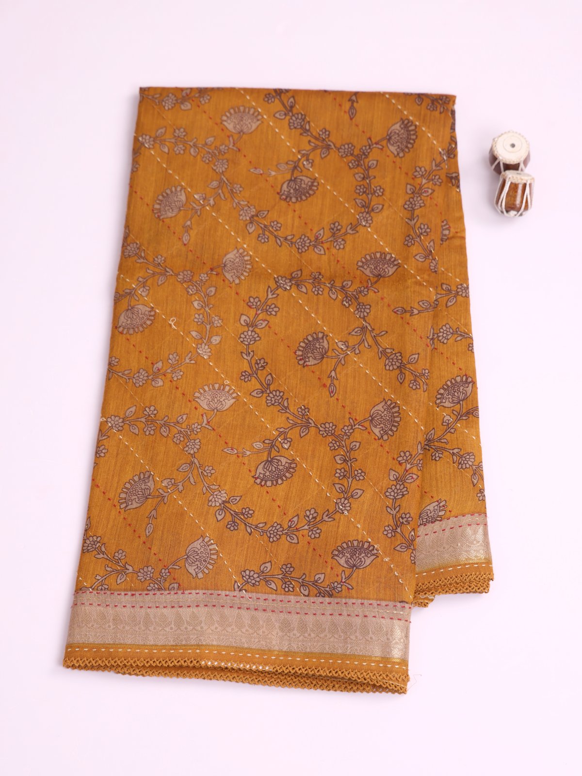 Mustard Yellow Printed Munga Silk Saree With Kantha Embroidery