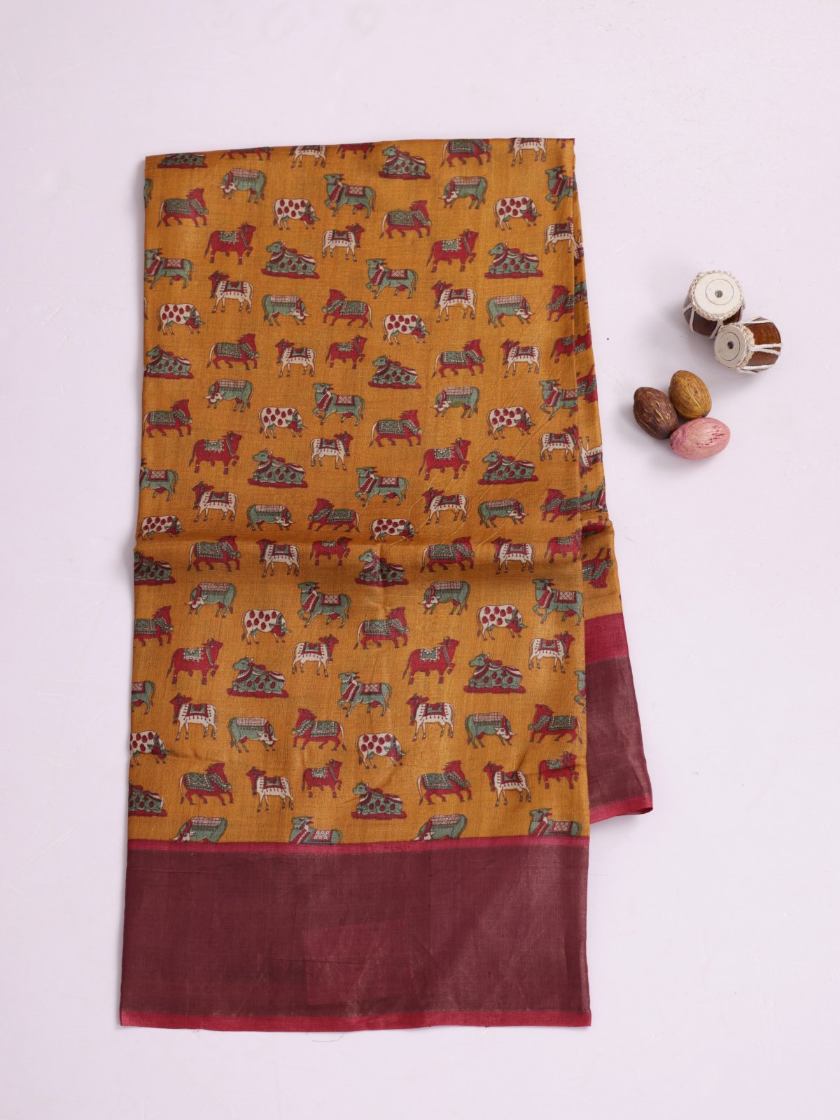 Mustard Yellow Printed Tussar Silk Saree With Pinkish Red Tissue Border