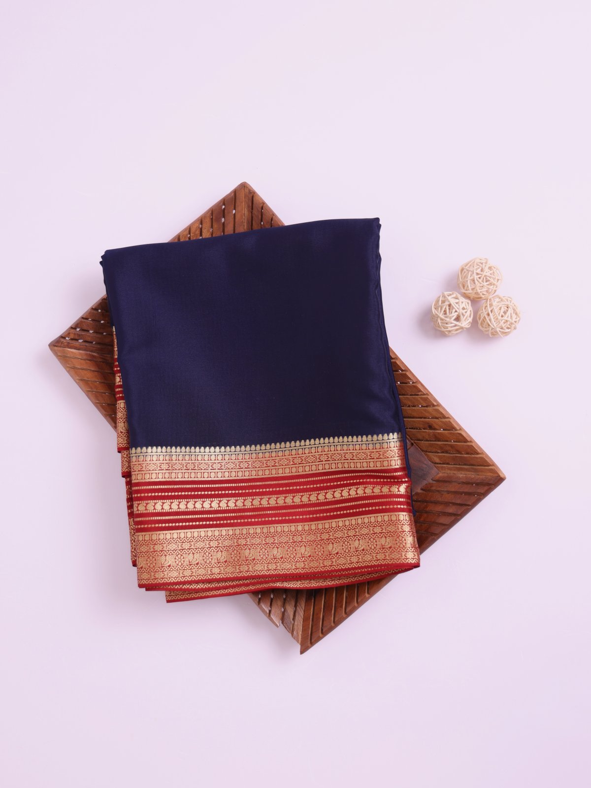 Navy Blue Mysore Silk Saree with Red Zari Border