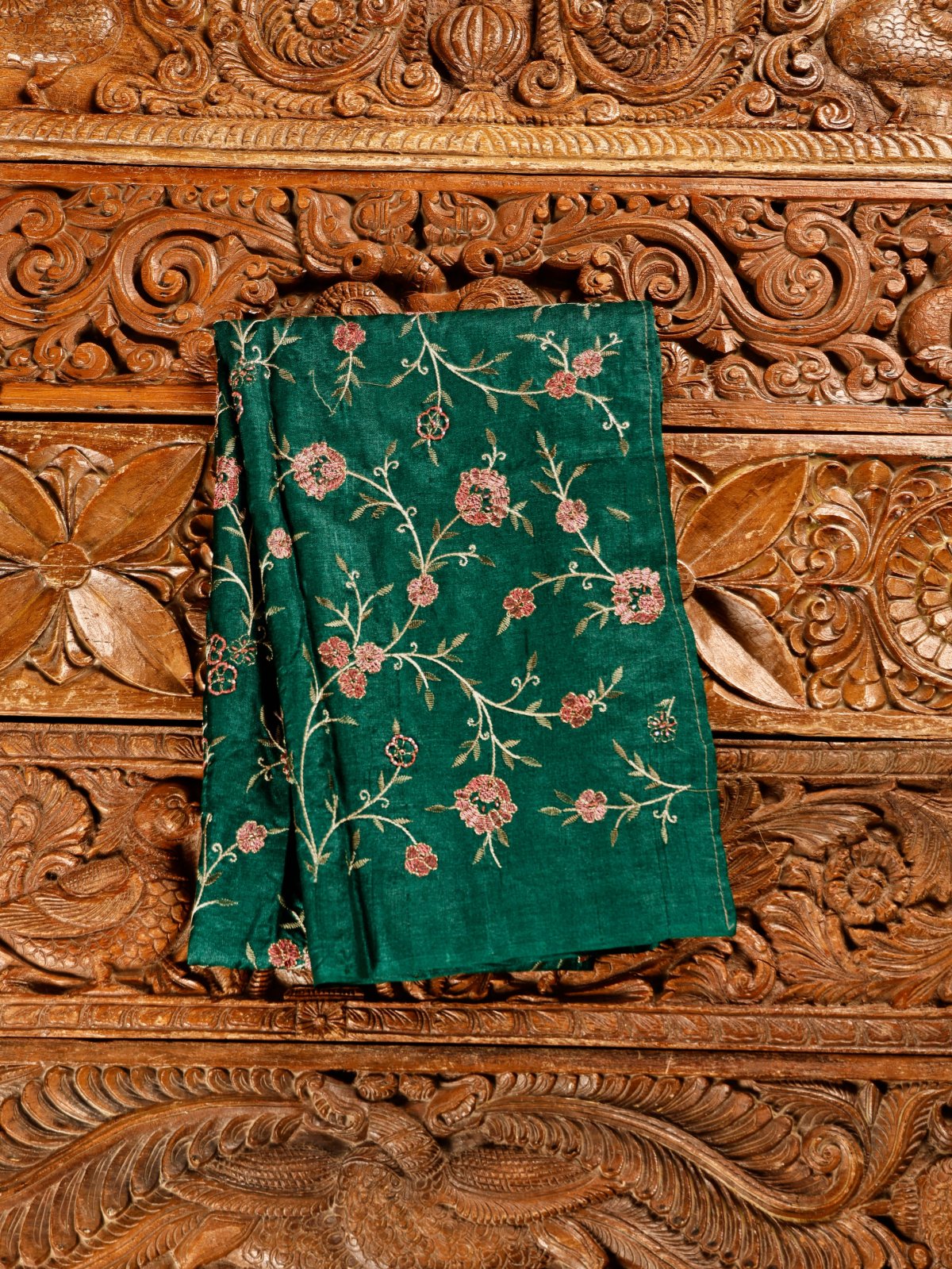 Green Tussar Silk Blouse With Floral Embroidery
