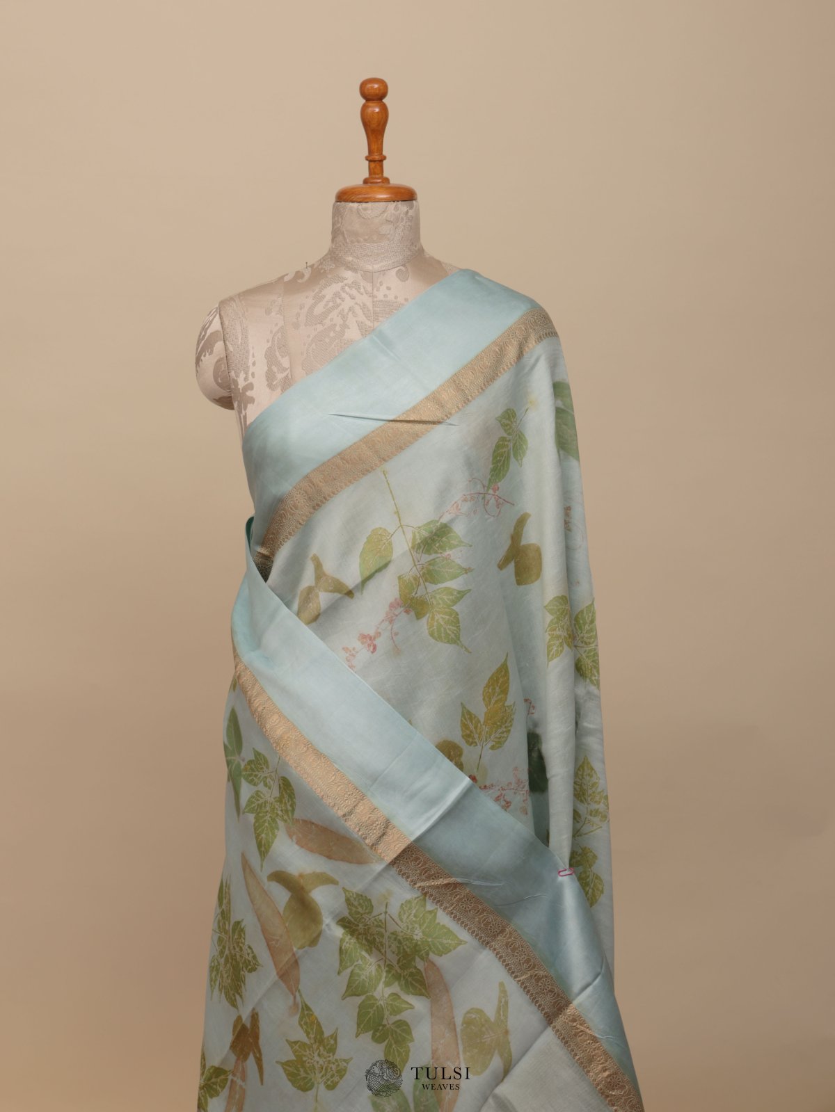 Blue Eco Print Silk Saree With Satin Border