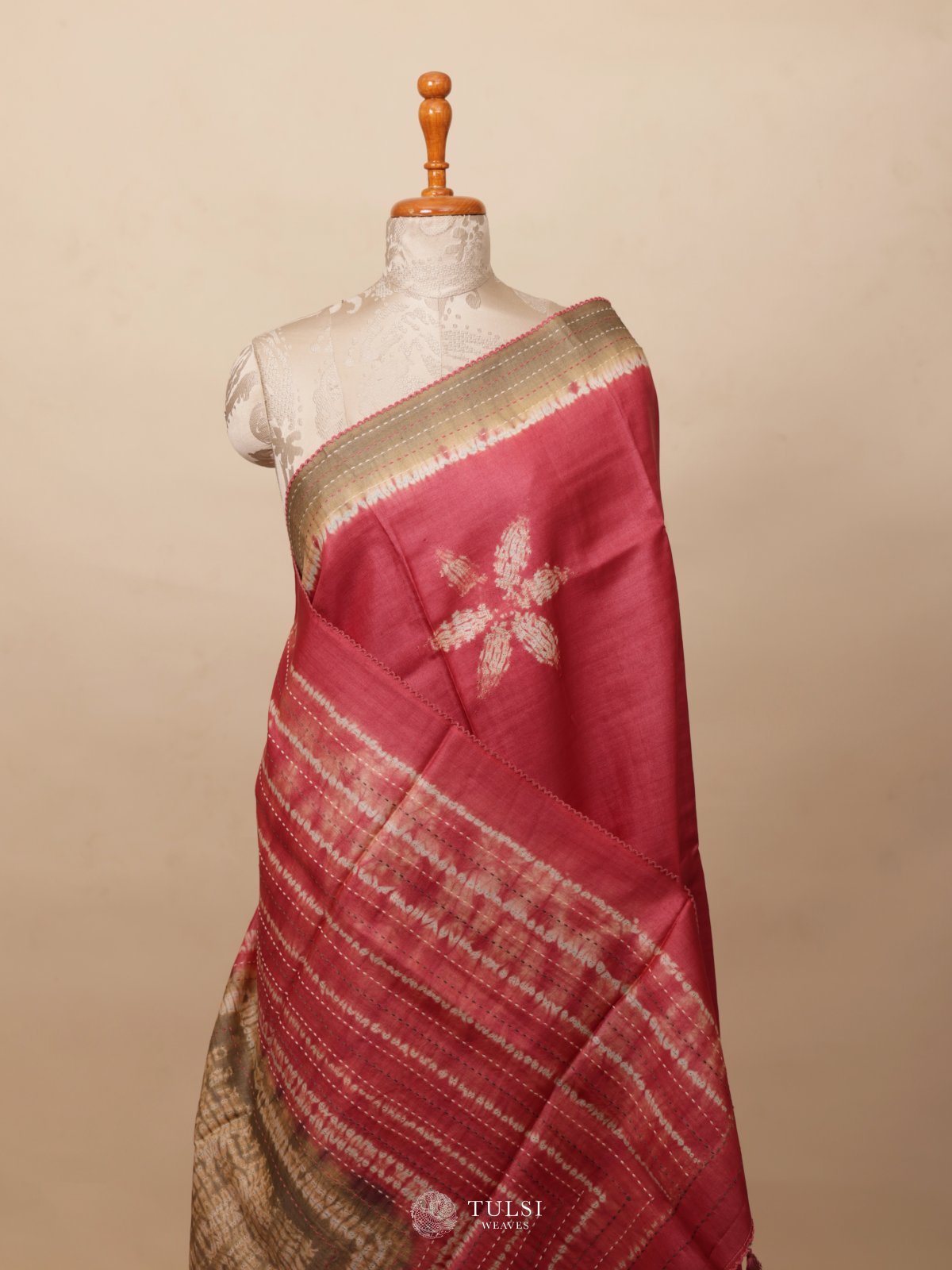 Dusty Red Shibori Tussar Silk Saree