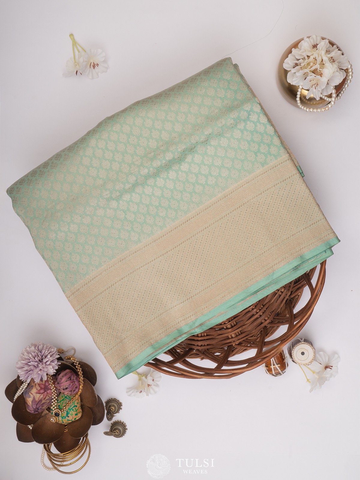 Bluish Green Banarasi Silk Saree