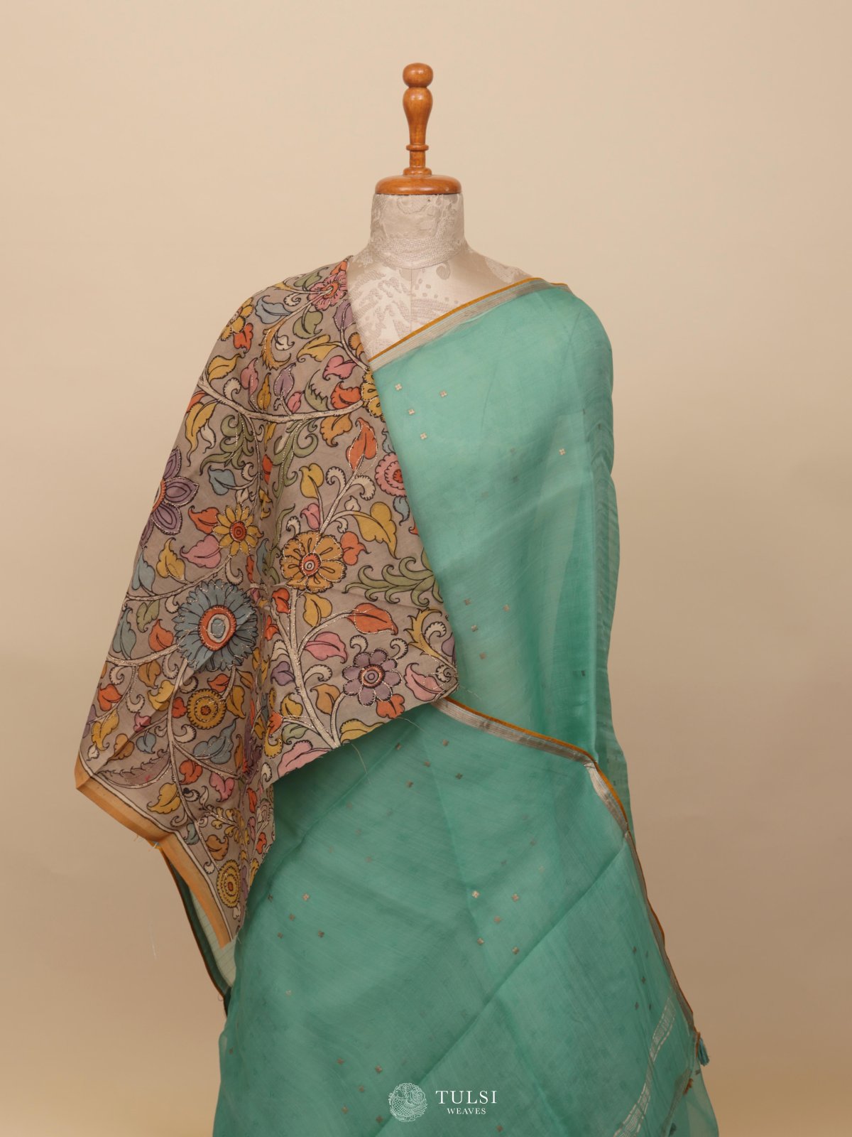 Light Aqua Blue Organza Saree With Kalamkari Blouse