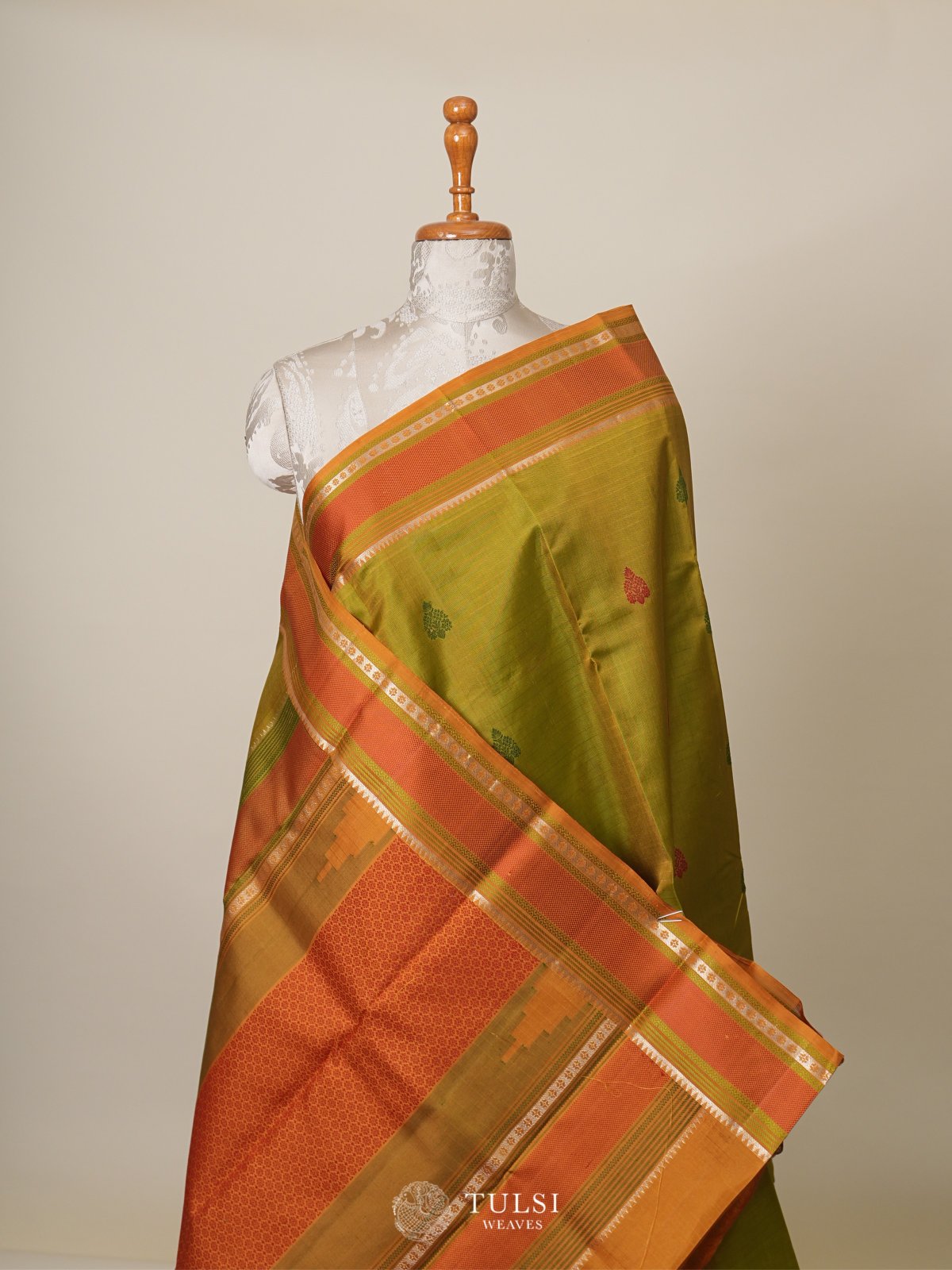 Greenish Yellow Kanjeevaram Pattu Pett Silk Saree 