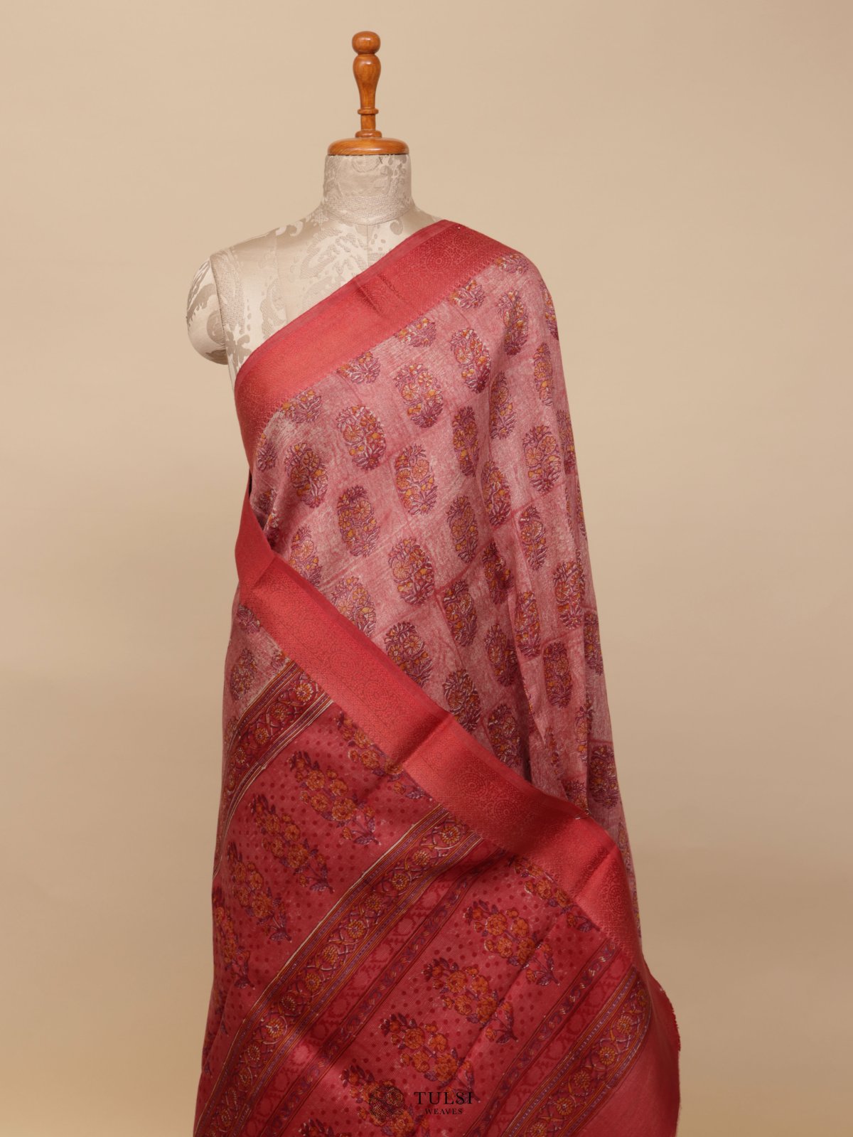 Dusty Red Printed Munga Tussar Silk Saree