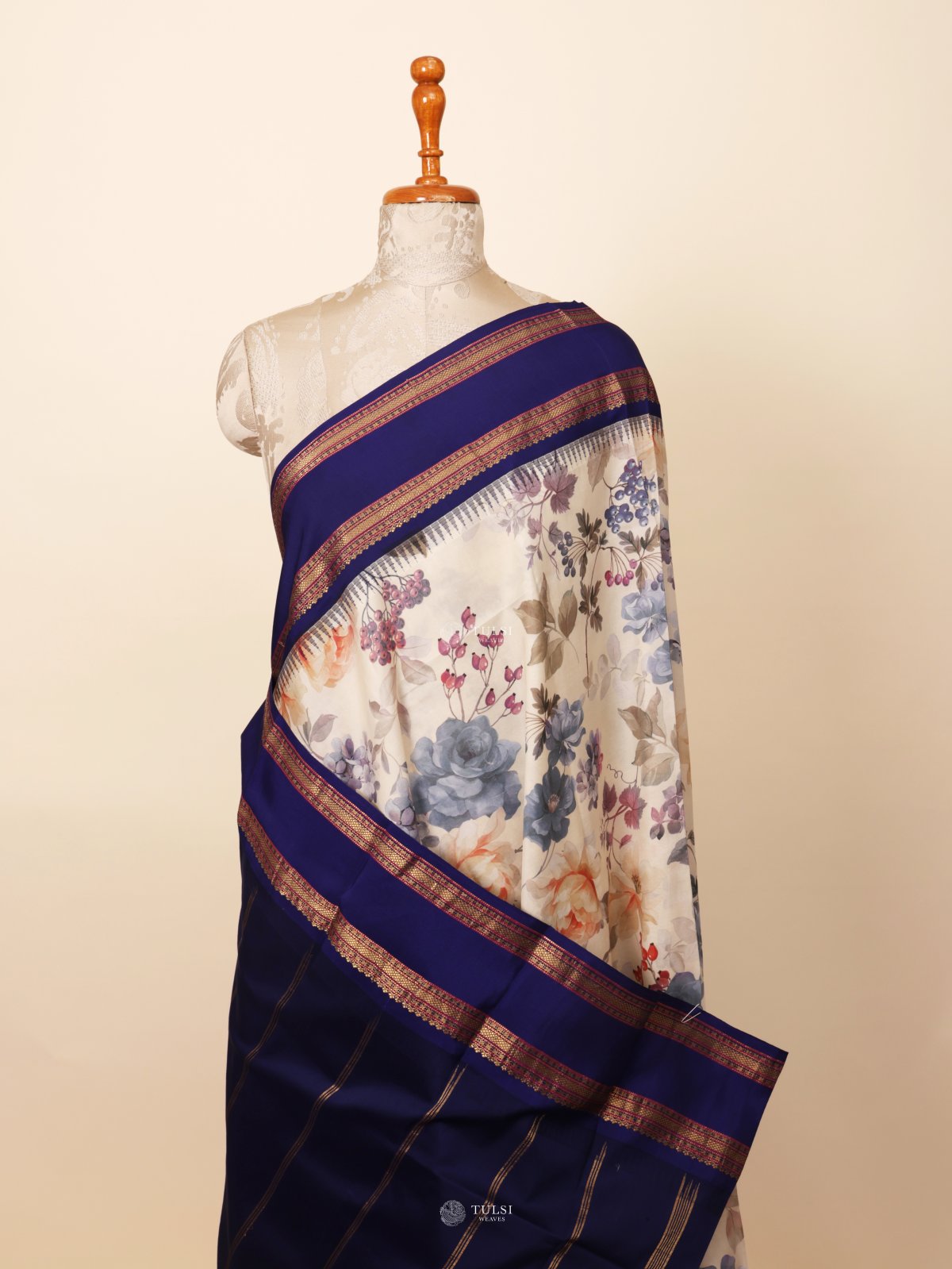 White Printed Kanjeevaram Silk Saree