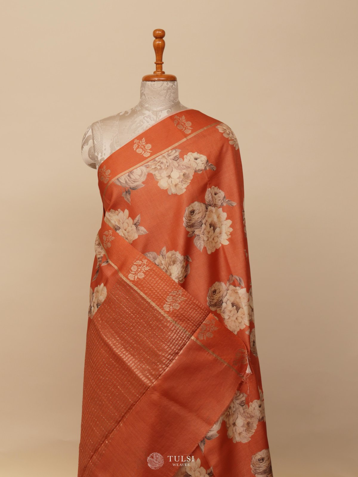 Rust Orange Printed Tussar Silk Saree