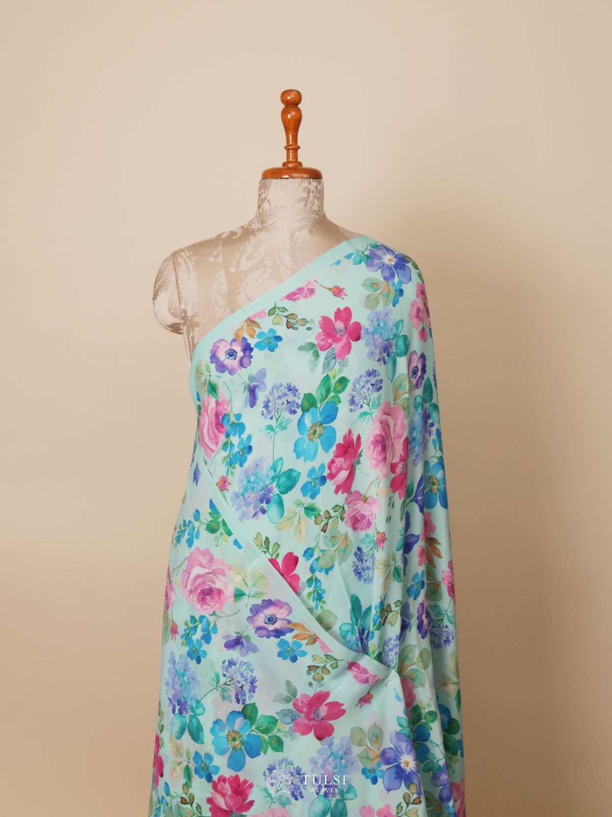 Bluish Green Floral Printed Crepe Silk Saree