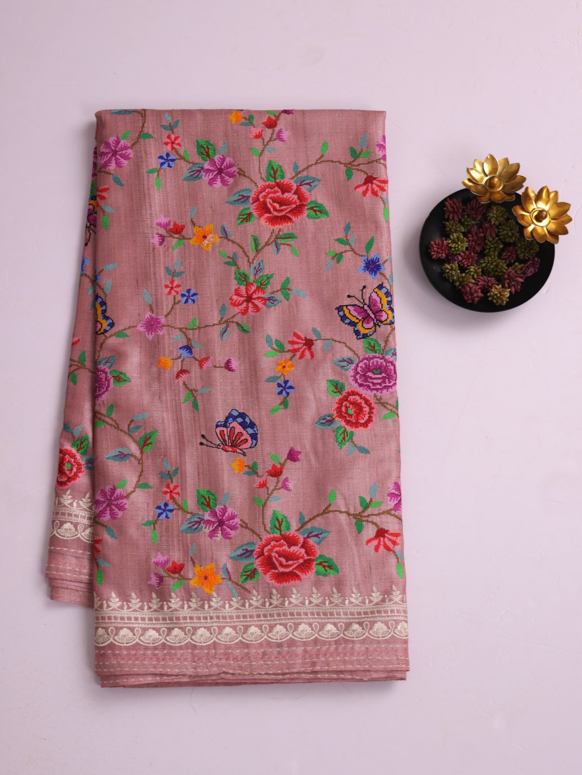 Dusty Pink Tussar Silk Saree With Cross-Stitch Embroidery