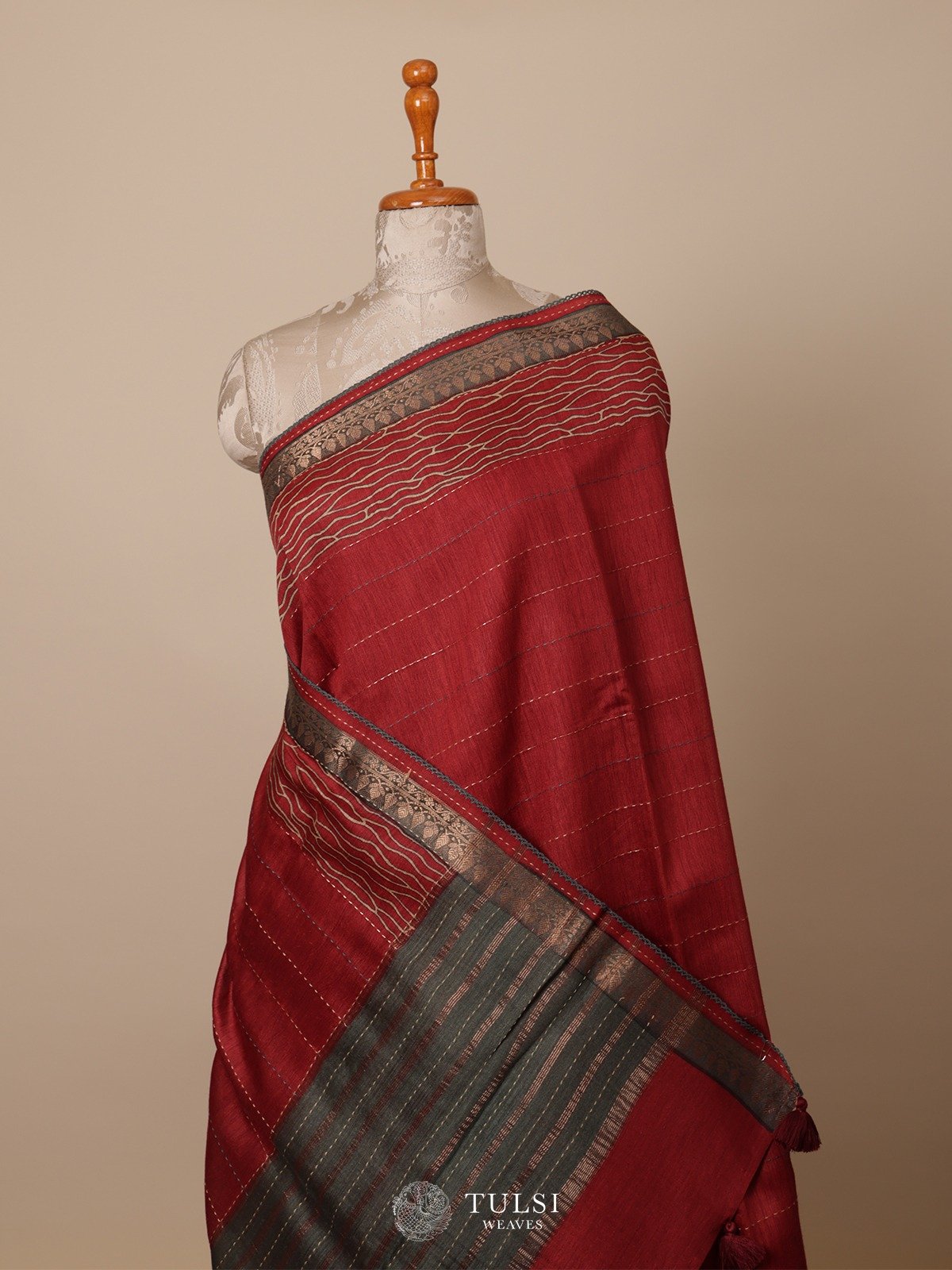 Red Printed Tussar Silk Saree