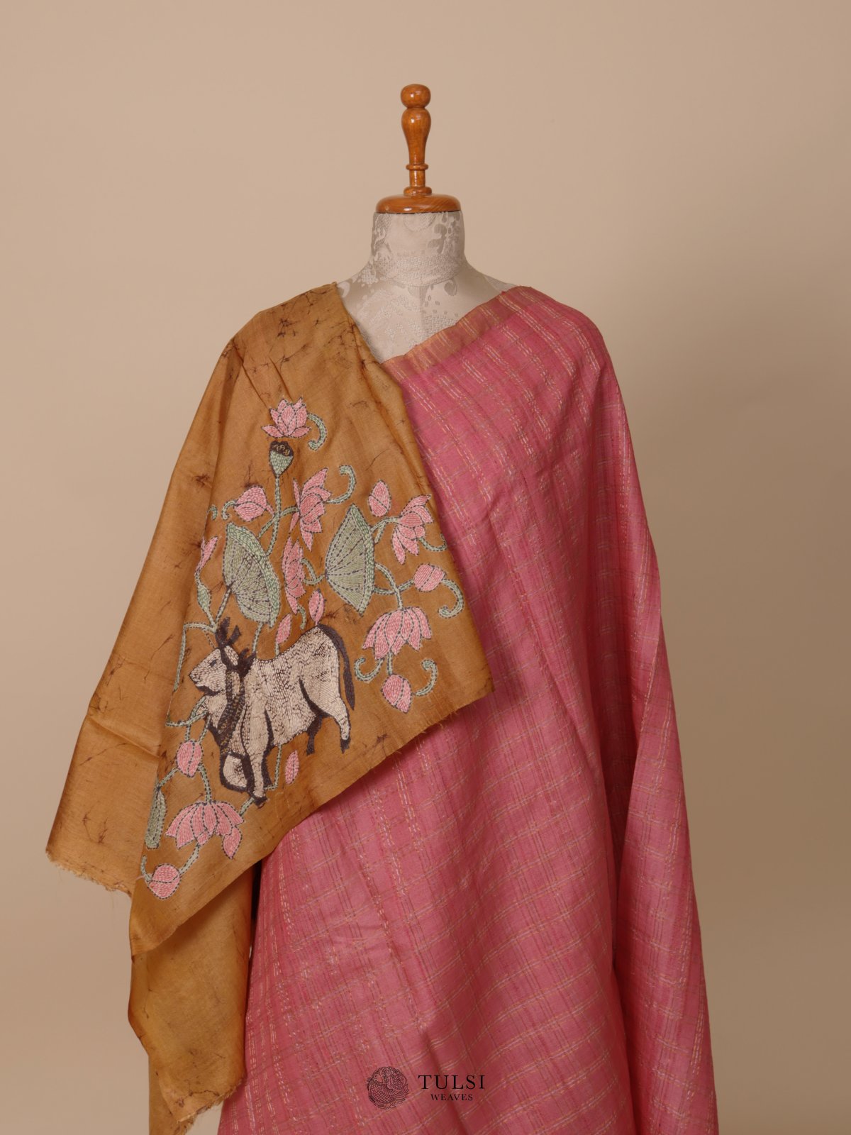 Pink Tussar Silk Saree with Kantha Embroidery
