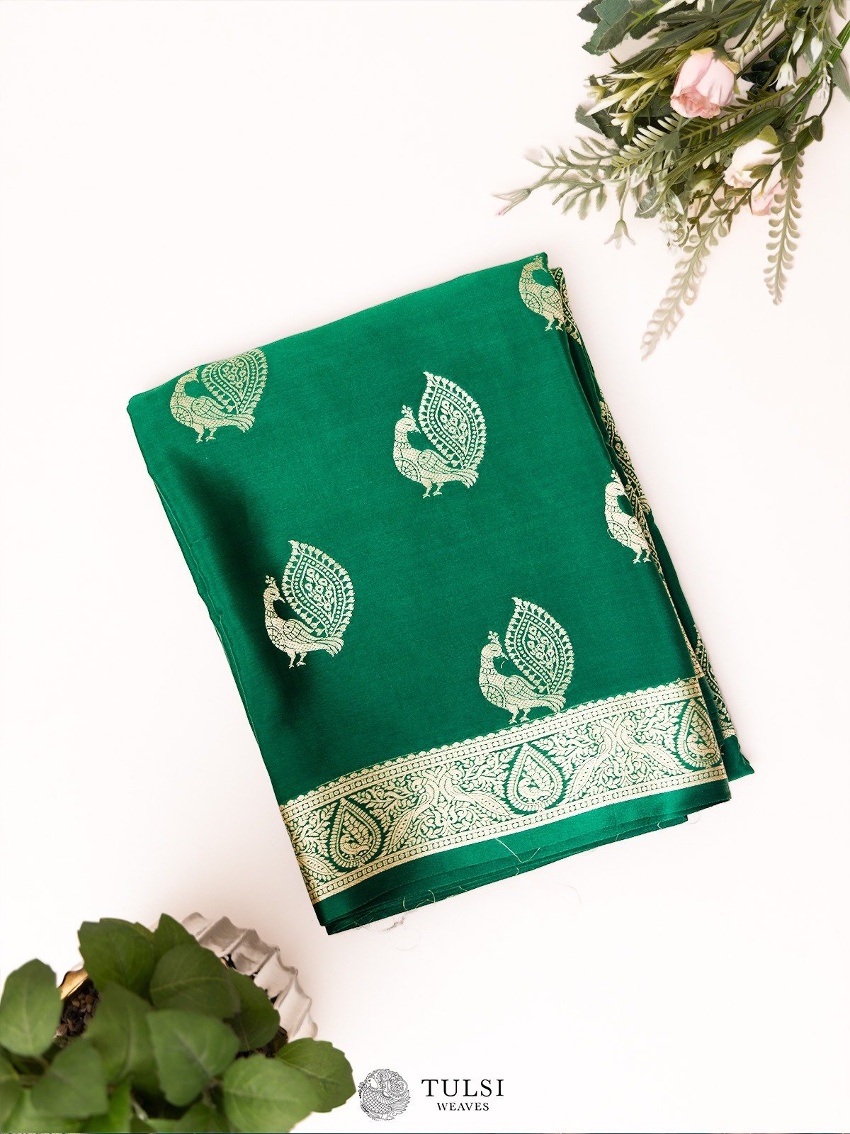 Bottle Green Mysore Silk Saree with Self Zari Border