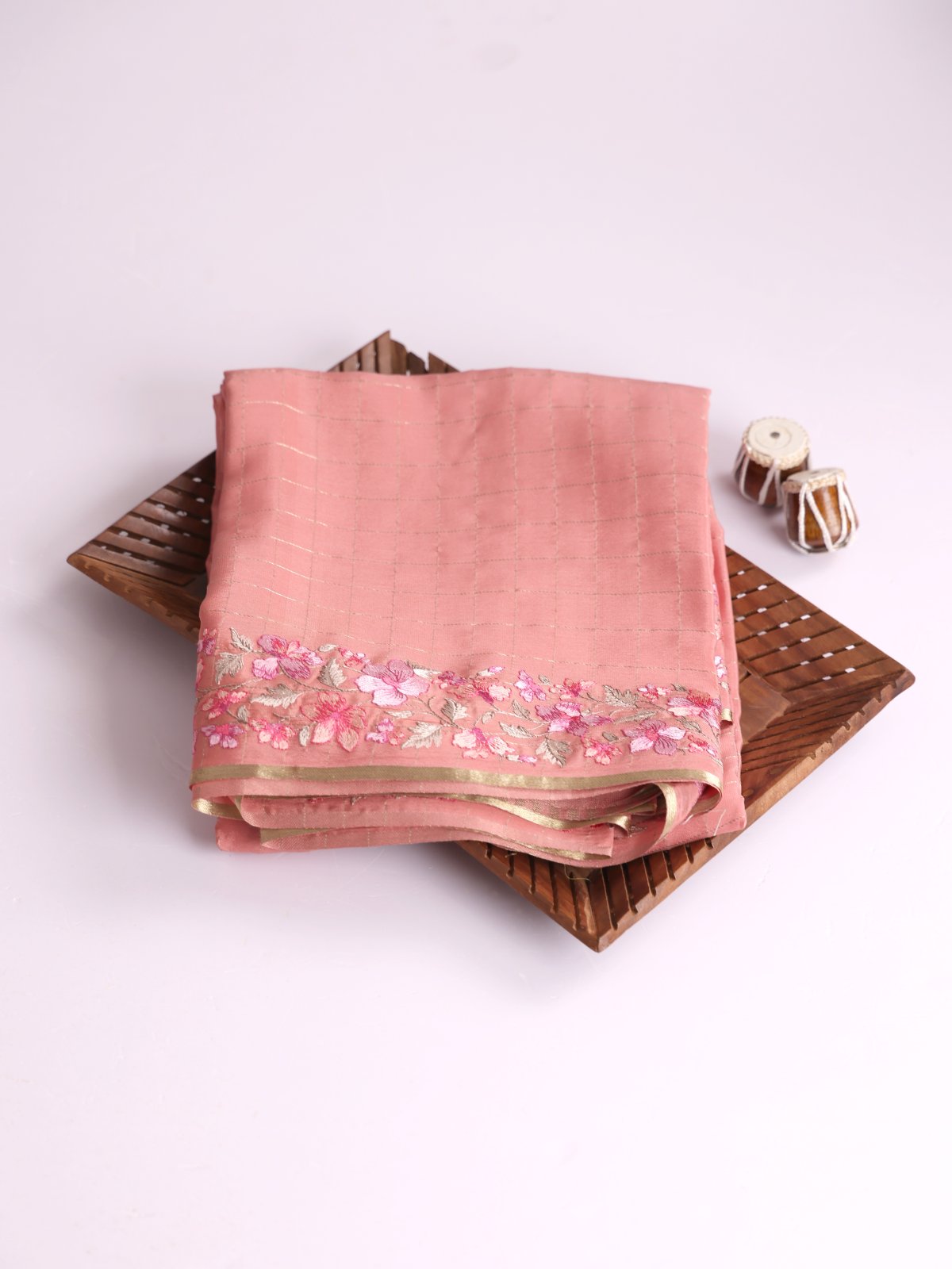 Peach Zari Checked Mysore Crepe Silk Saree With Embroidered Border