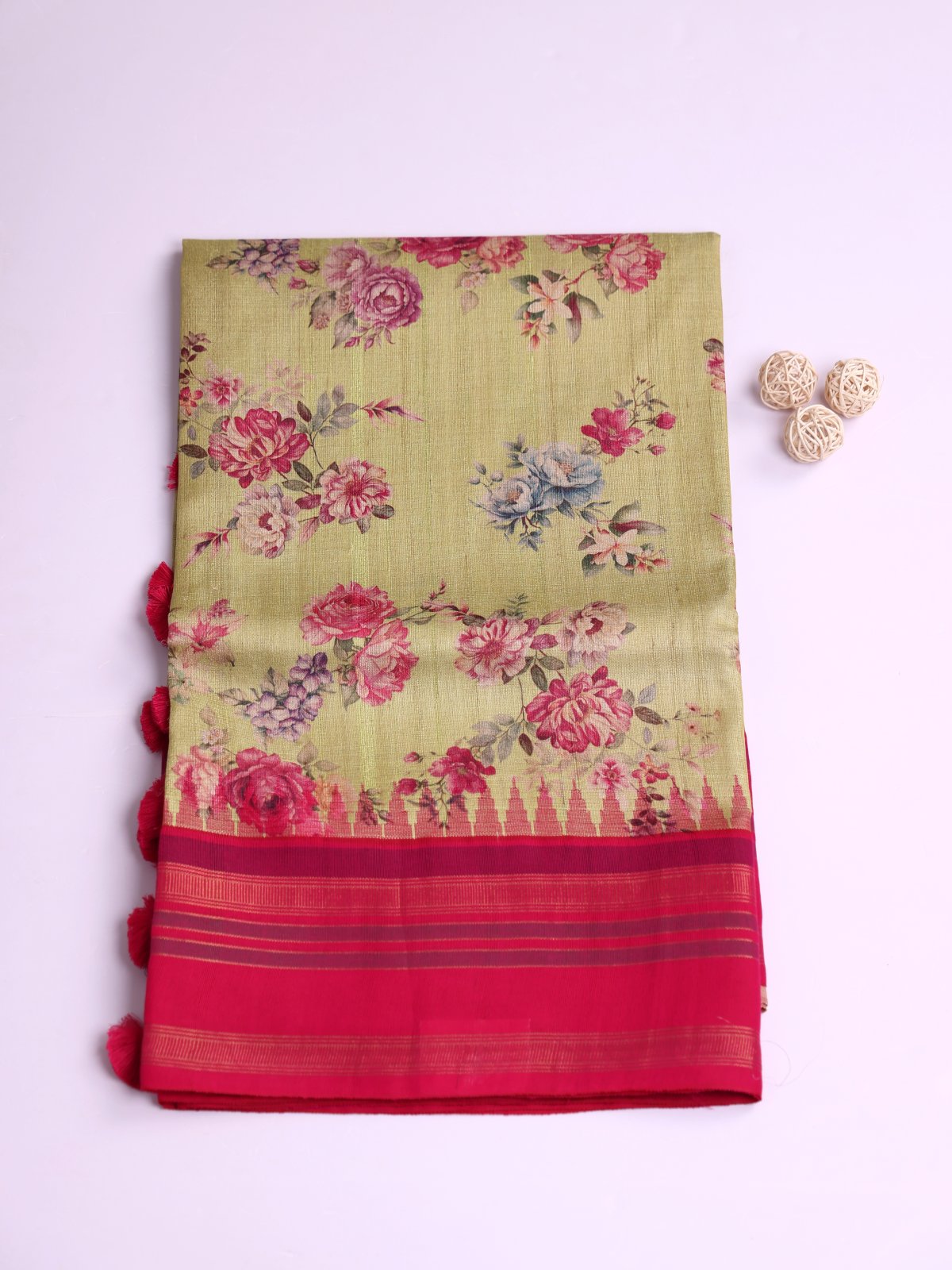 Light Mehndi Green Printed Tussar Silk Saree With Rani Pink Border