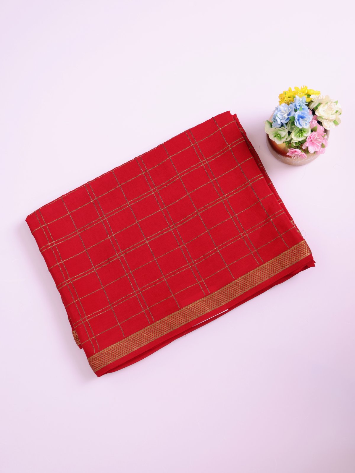 Red Checked Mysore Crepe Silk Saree