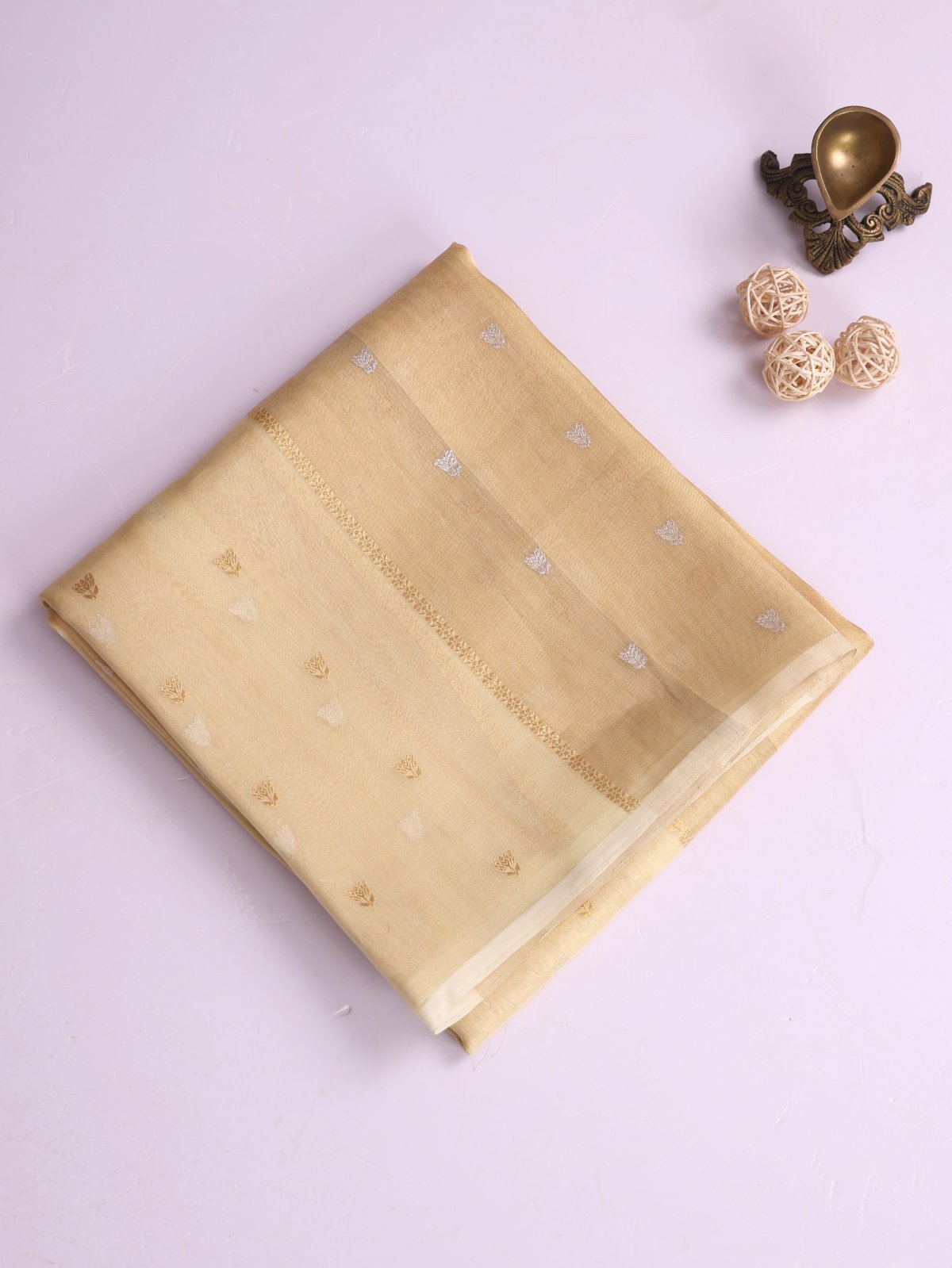 Light Yellow Zari Striped Tissue Organza Silk Saree