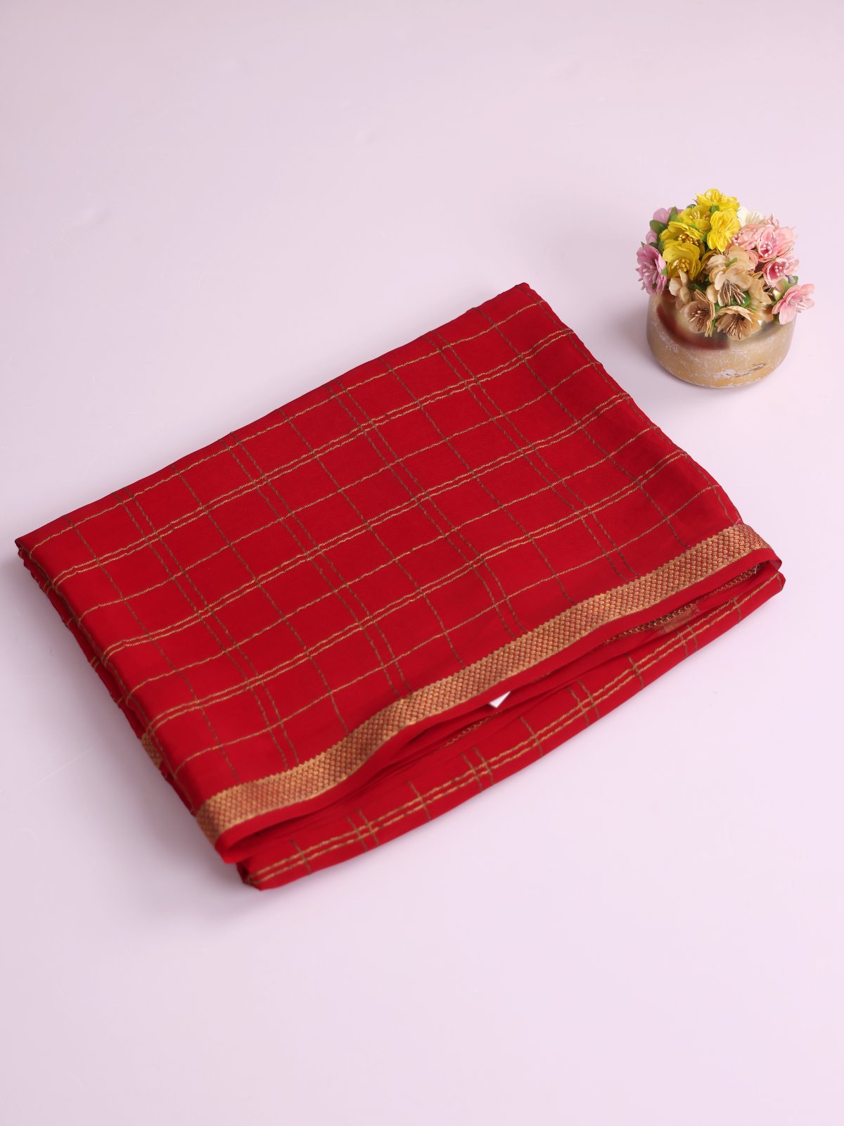 Red Checked Mysore Crepe Silk Saree With Kalamkari Blouse And Pallu