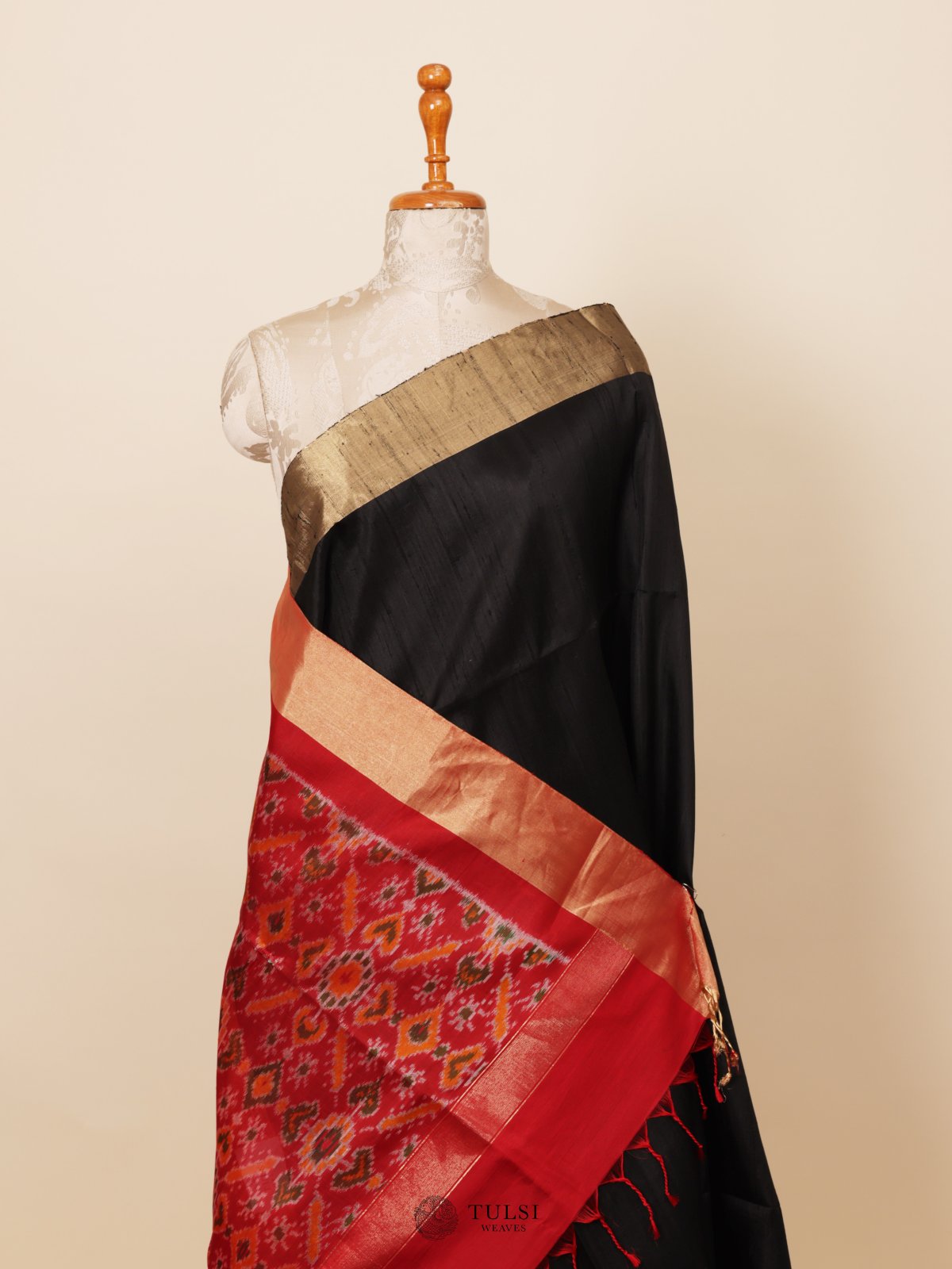 Black Raw Silk Saree with Ikat Pallu