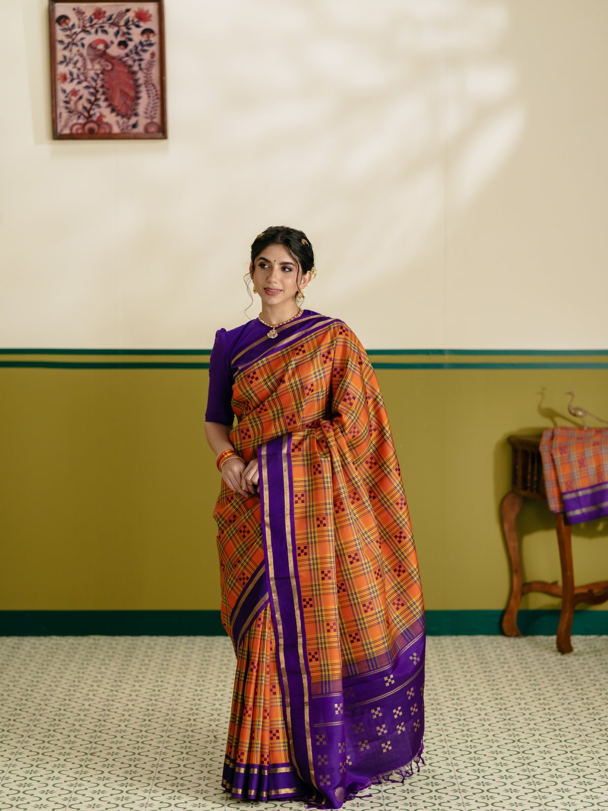 Vintage 47 - Multi Color Checked Kanjeevaram Silk Saree With Violet Border