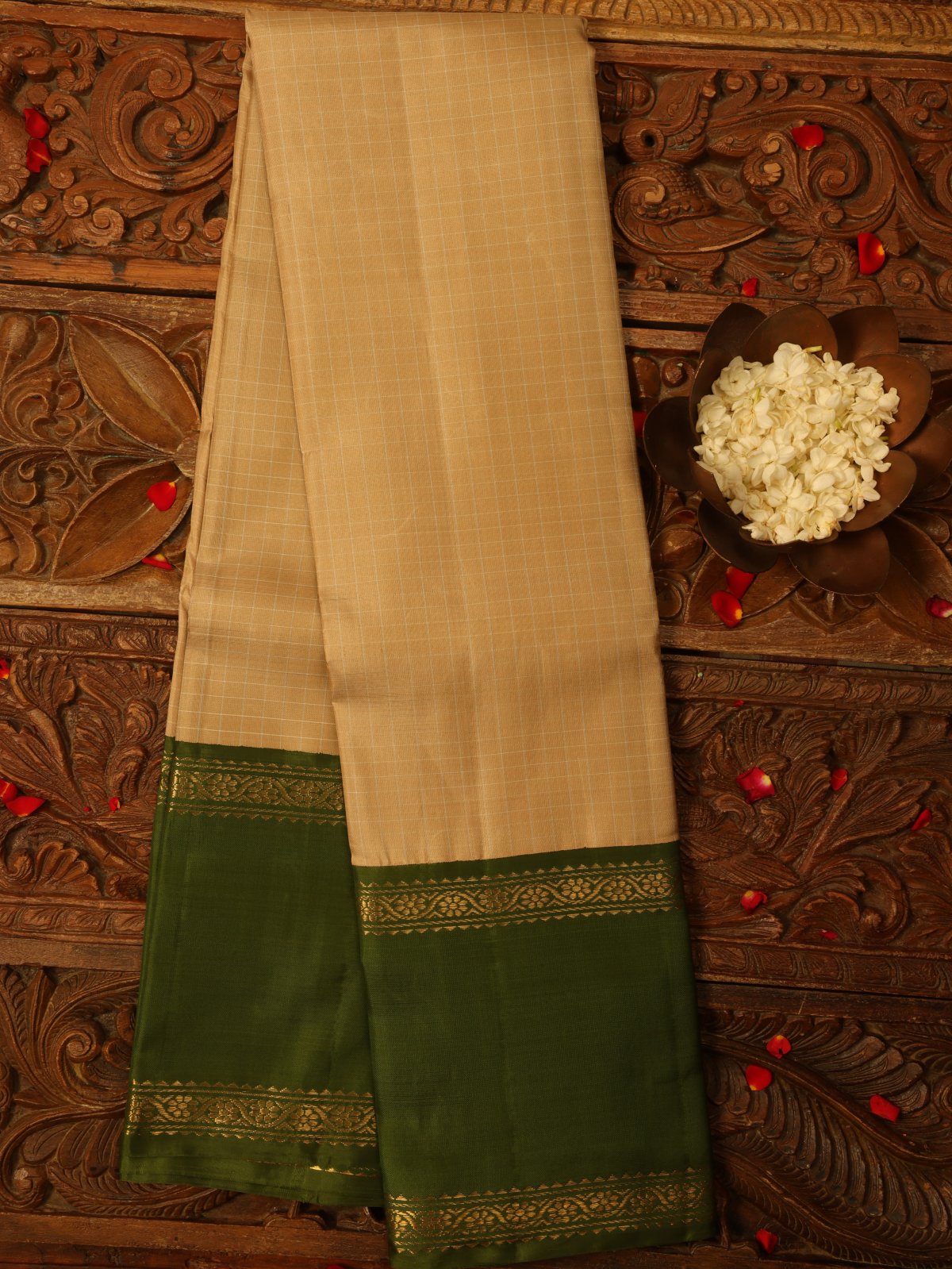 Beige Kanjeevaram Silk Saree With Mint Green  Border