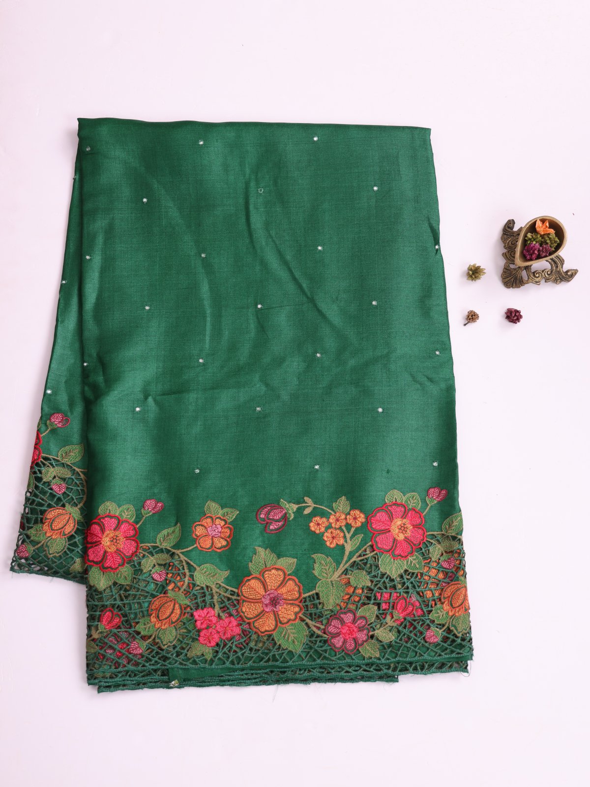 Green Tussar Silk Saree With Embroidered Cutwork Border