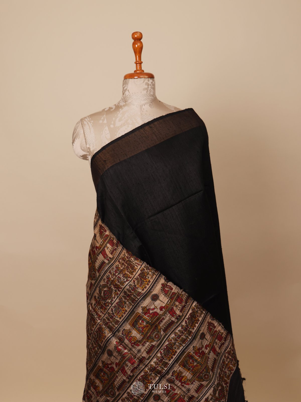 Black Tussar Silk Saree With Madhubani Print