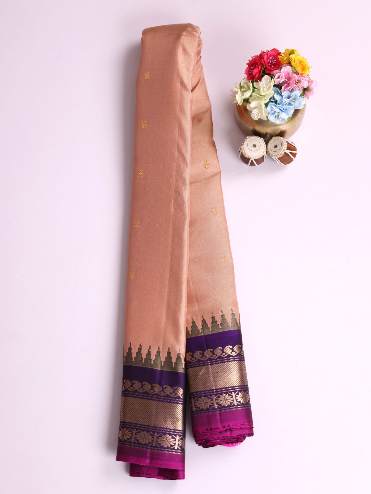 Peach Gadwal Silk Saree With Dark Violet Border