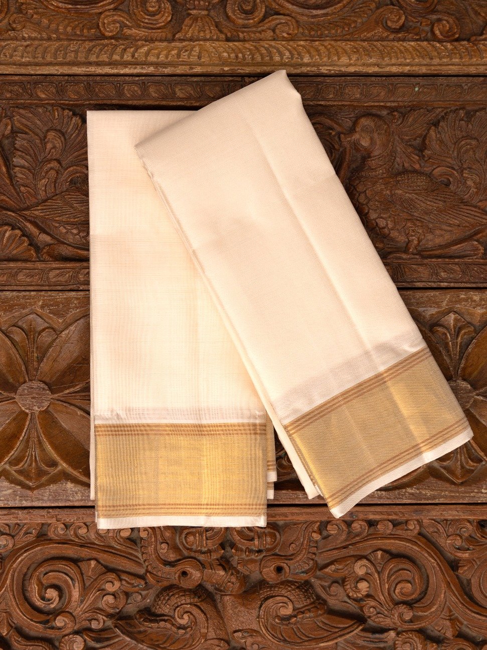 White Silk Dhoti and Vasthram With Tissue Gold Self Zari Border