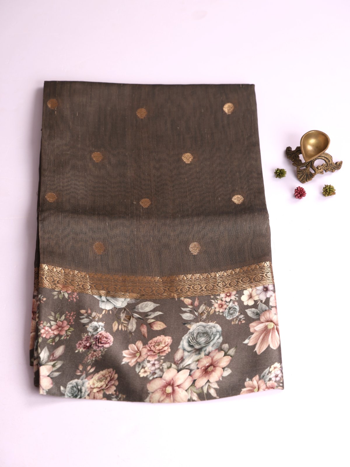 Greige Tussar Silk Saree With Printed Satin Border