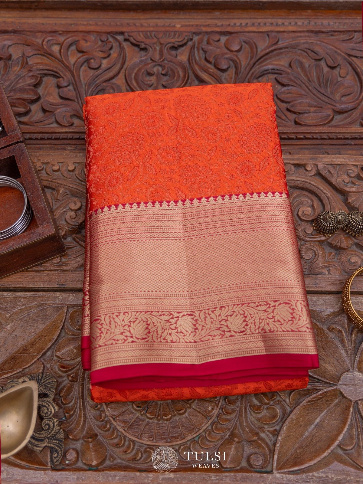 Reddish Orange Tanchoi Silk Saree