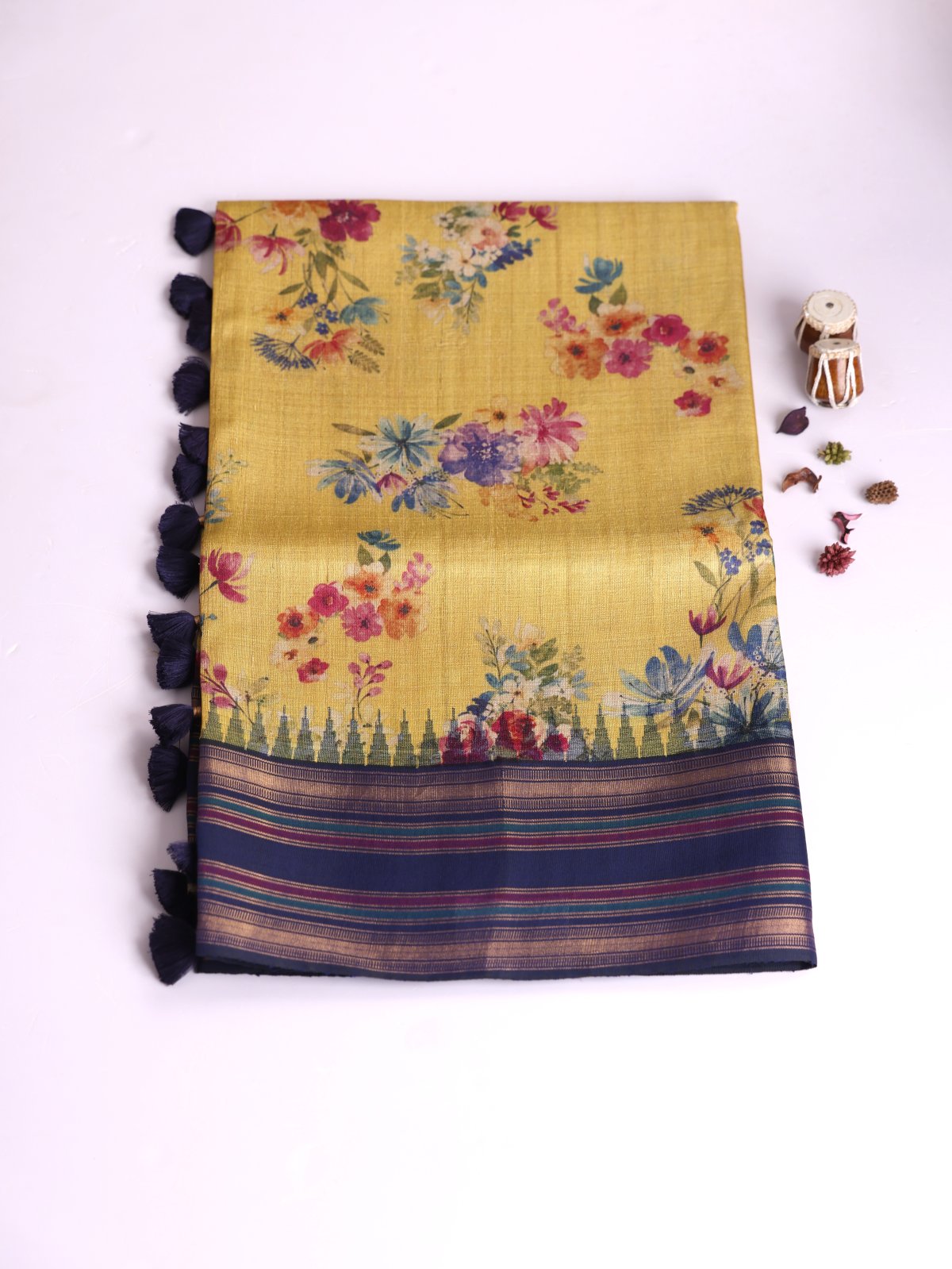 Yellow Printed Tussar Silk Saree With Navy Blue Border