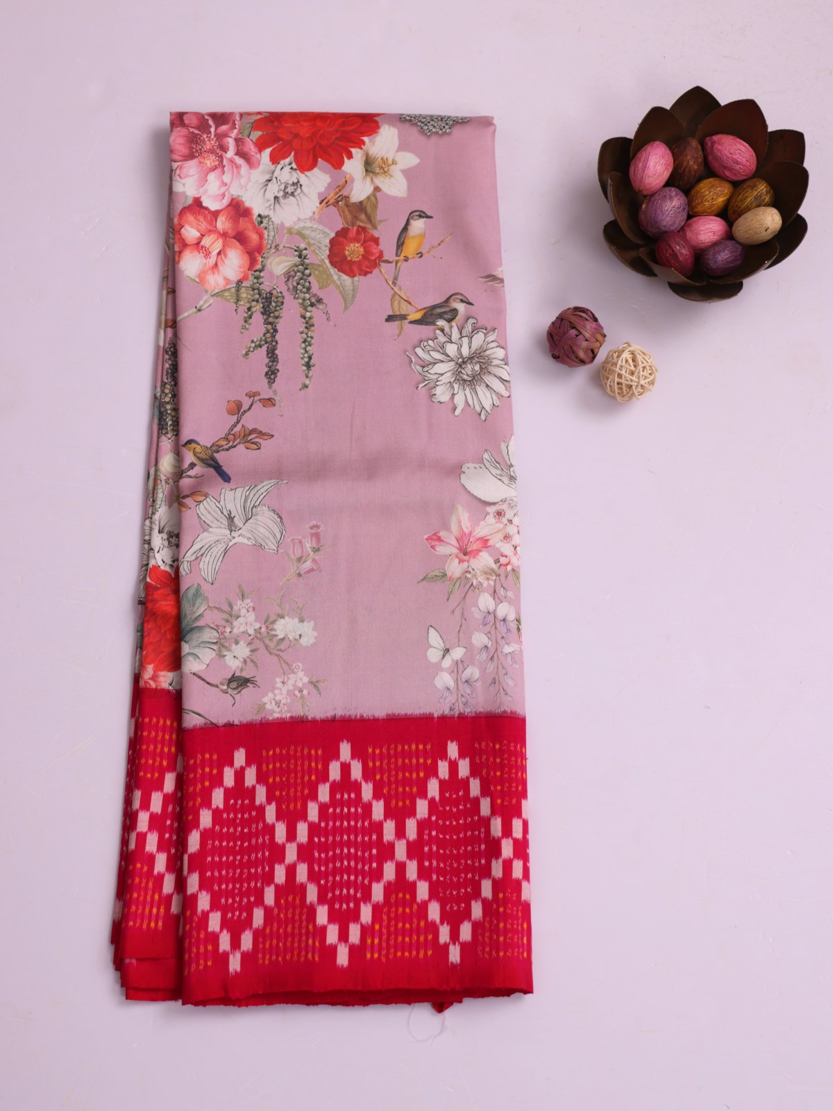 Dusty Pink Printed Silk Saree With Rani Pink Border