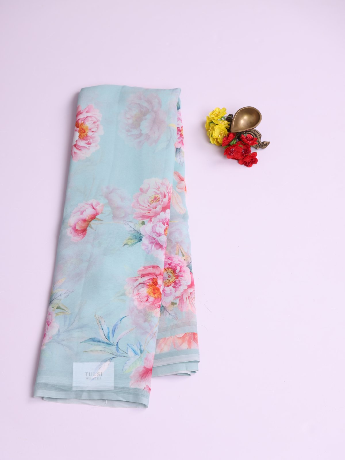 Light Blue Floral Printed Chiffon Saree