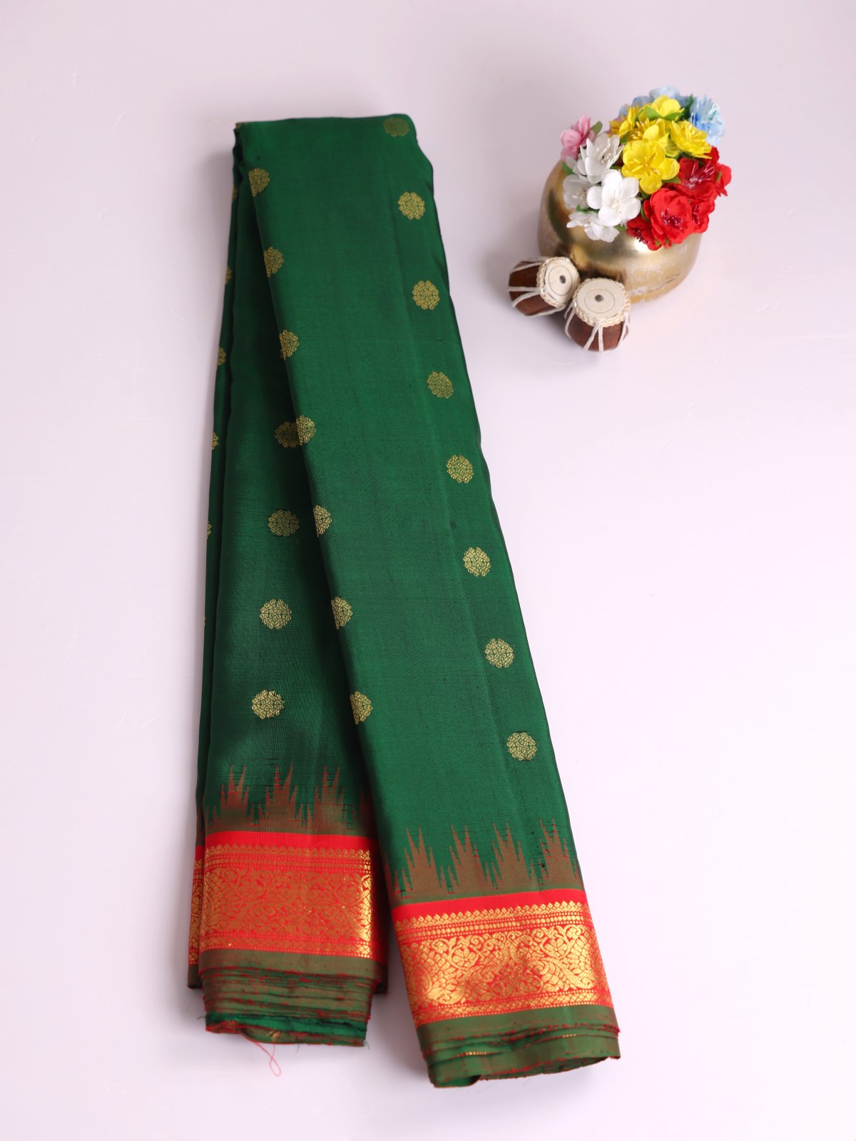 Bottle Green Gadwal Silk Saree with Red Border