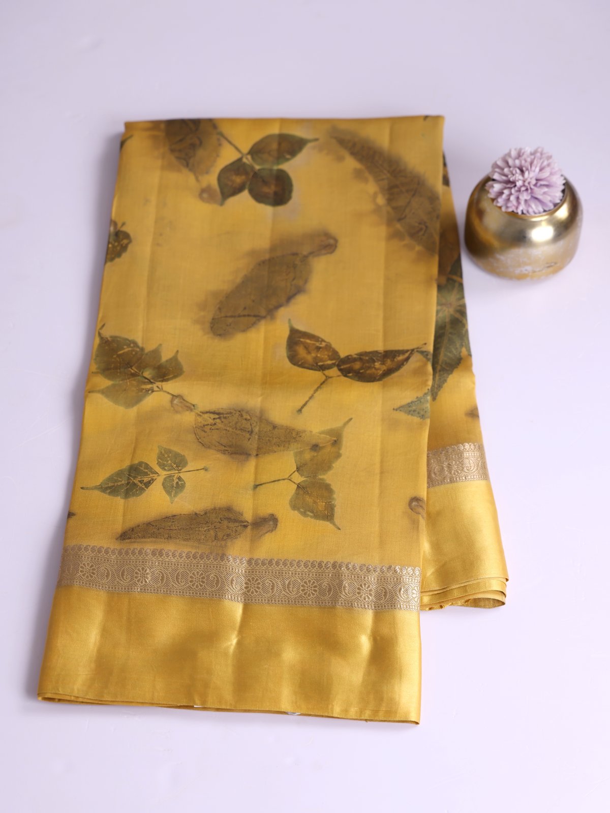 Mustard Yellow Eco Print Tussar Silk Saree with Satin Border