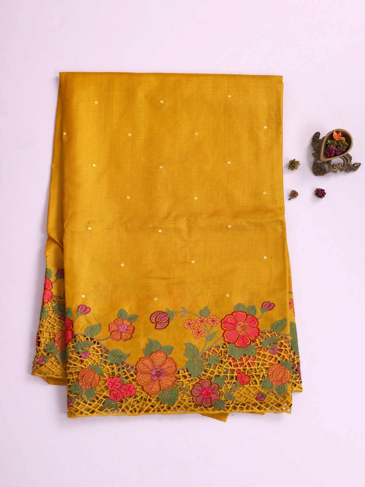 Mustard Yellow Tussar Silk Saree With Embroidered Cutwork Border