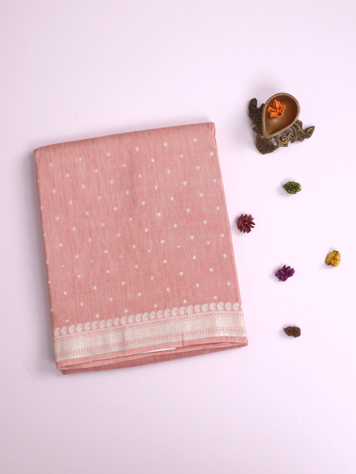 Peach Linen Saree With Zari Border