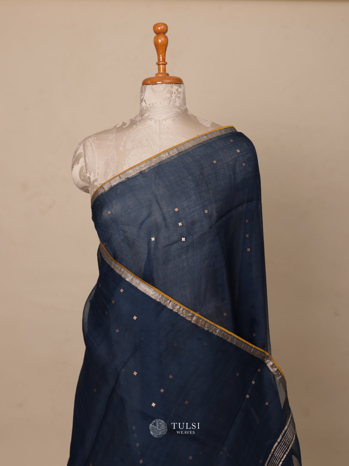 Dark Blue Organza Saree With Kalamkari Blouse