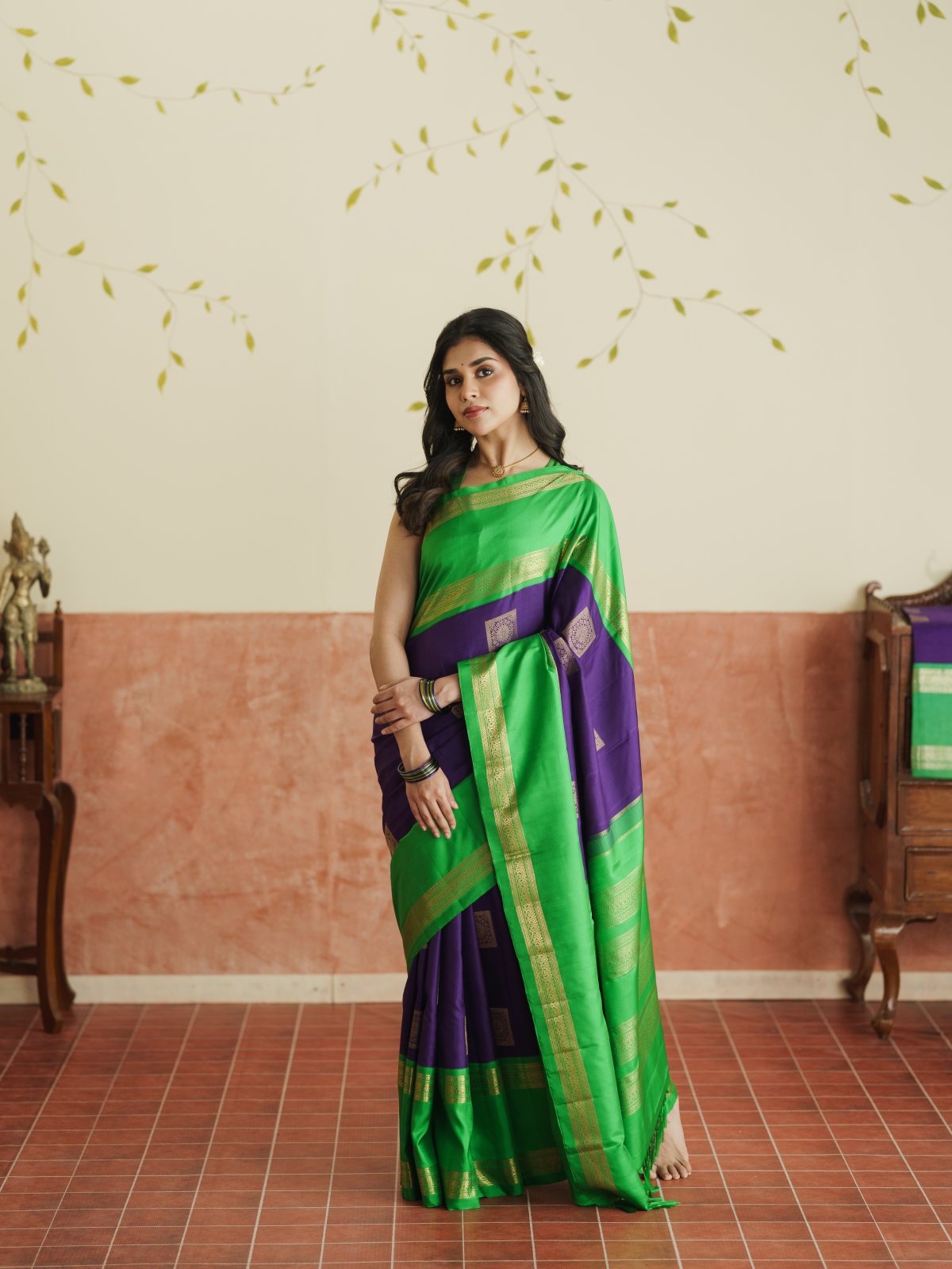 Vintage 82 - Violet Kanjeevaram Silk Saree With Parrot Green Border