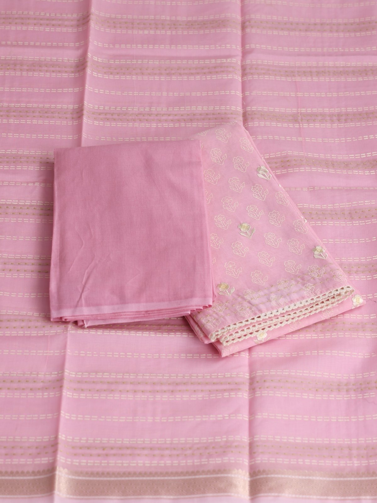 Pastel Pink Embroidered Chanderi Cotton Salwar Material With Kantha Emboidered Dupatta