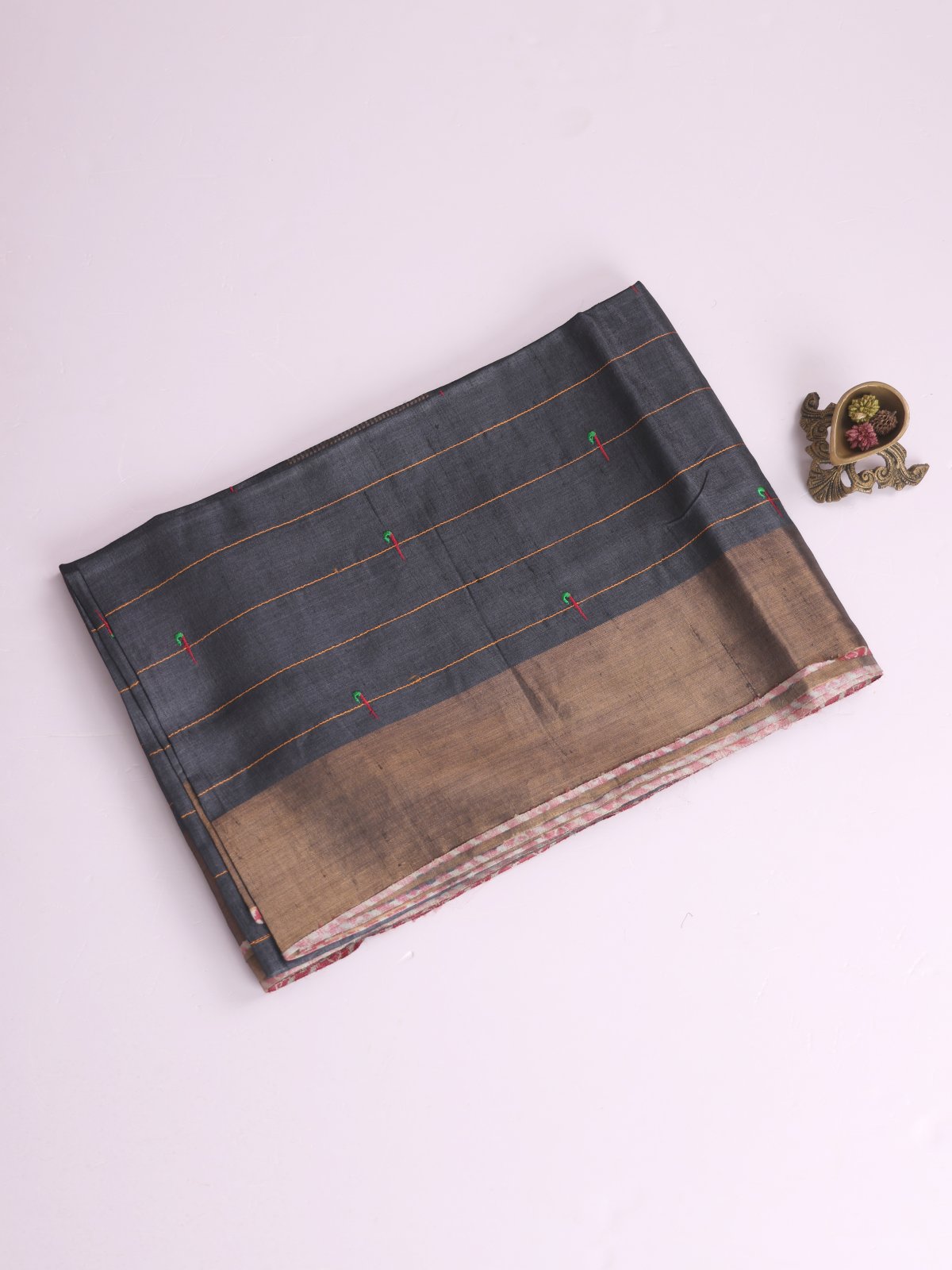 Dark Grey Striped Embroidered Tussar Silk Saree With Zari Border