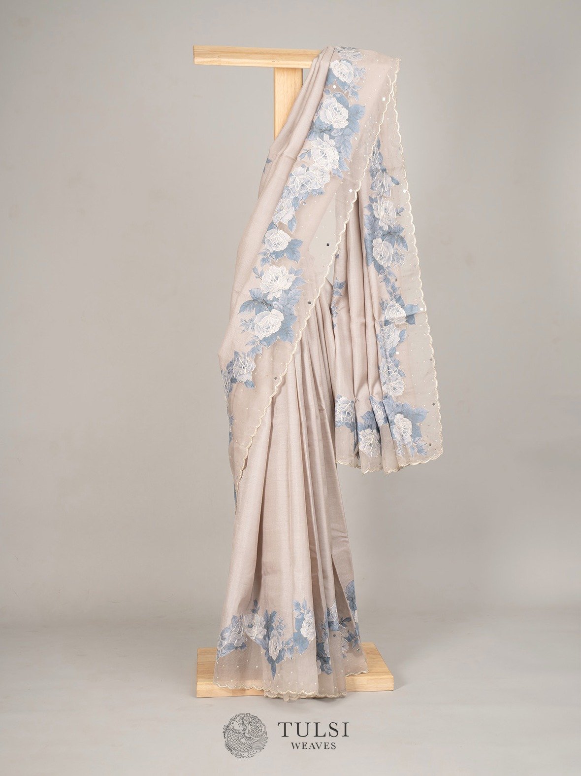 Grey Tussar Silk Saree With Floral Printed Border