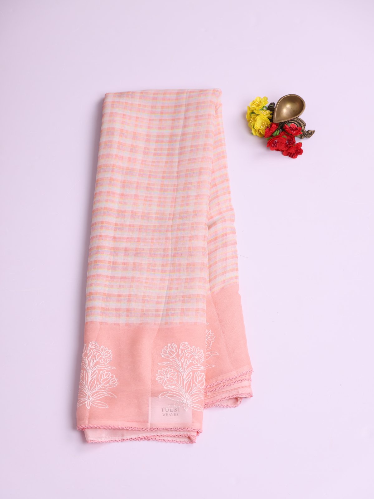 Peach Checked Chiffon Saree With Embroidery Border