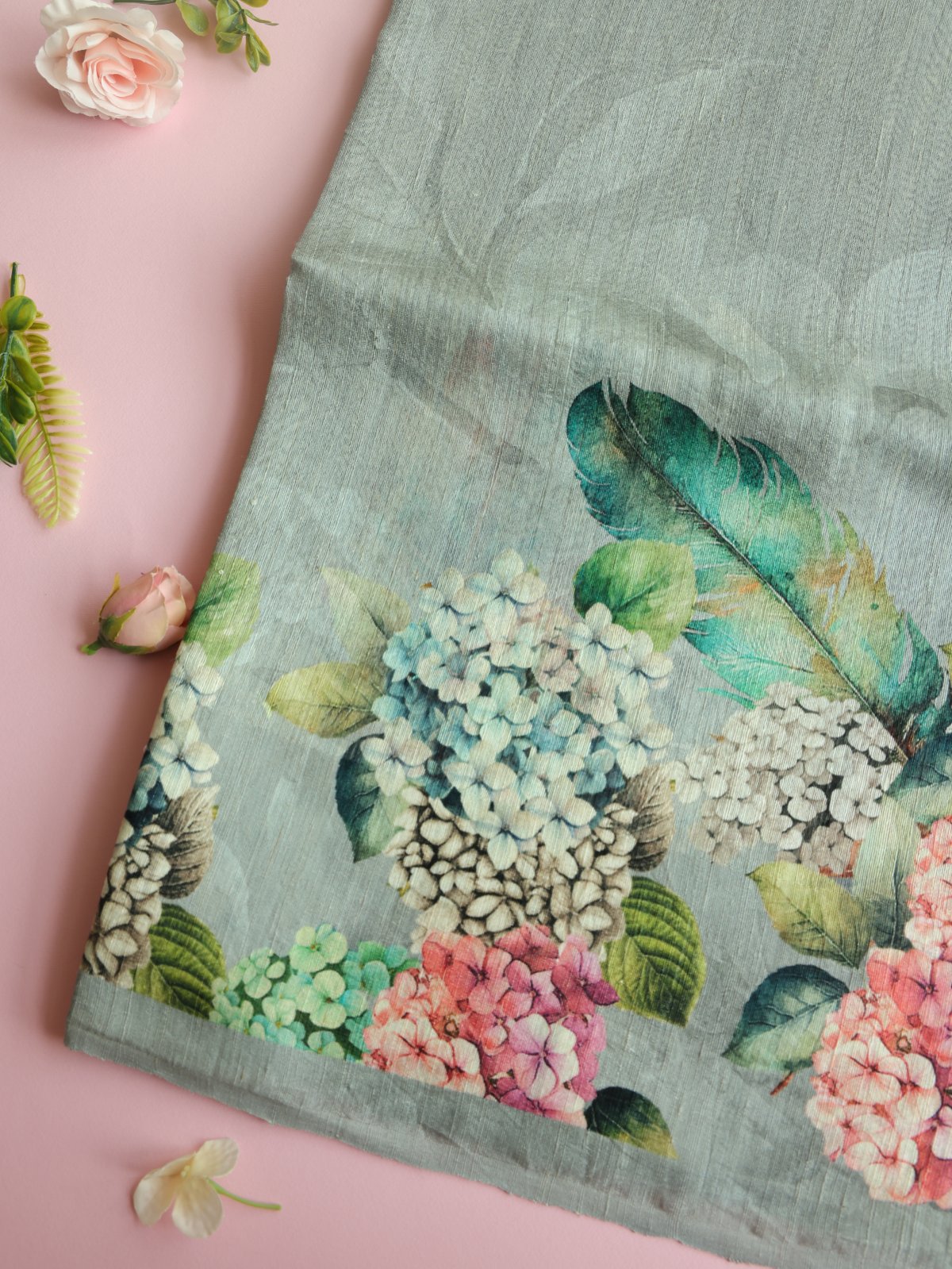 Grey Woven Matka Tussar Silk Saree With Floral Prints
