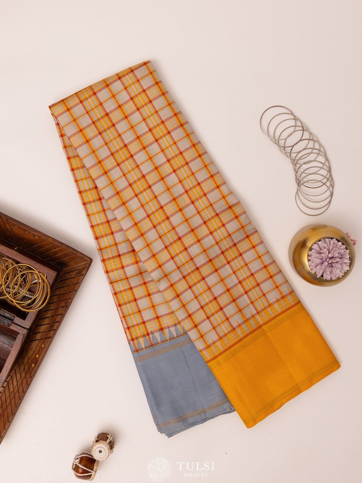 Multicolour Checked Kanjeevaram Silk Saree with Ganga Jamuna Border