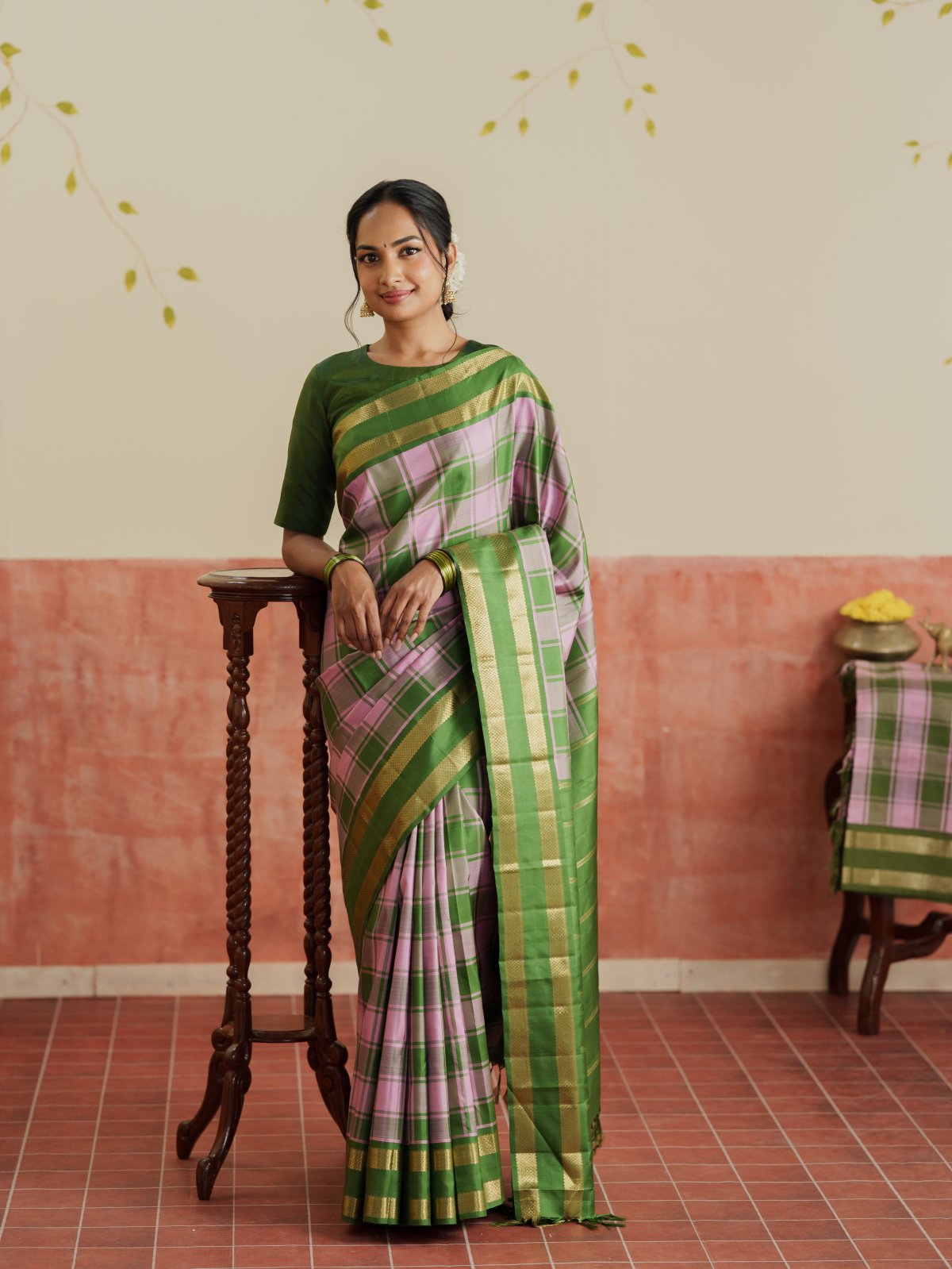Vintage 94 - Light Pink And Green Checked Kanjeevaram Silk Saree With Green Border